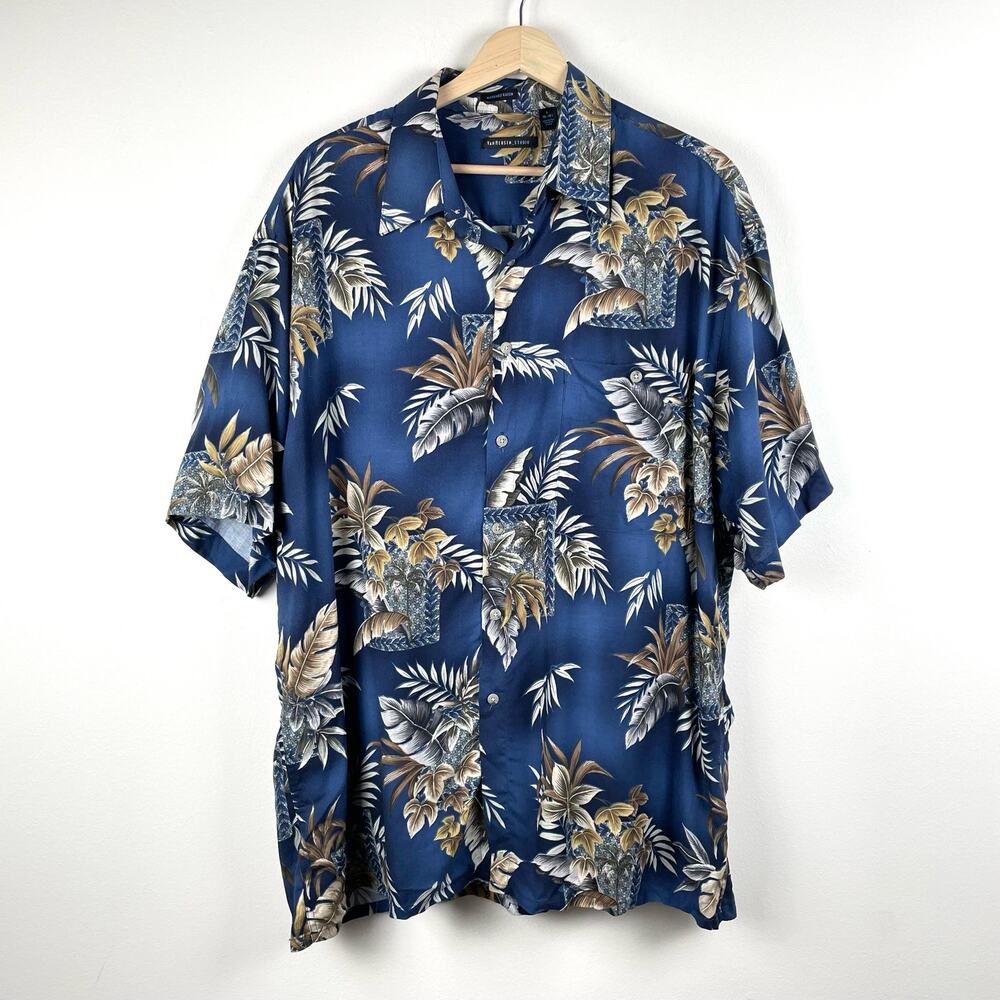 Van Heusen Hawaiian Aloha Tropical Button Up Short Sleeve Shirt Blue Size L